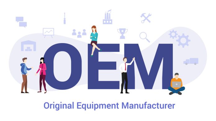 oem original equipment manufacturer concept with big word or text and team people with modern flat style - vector